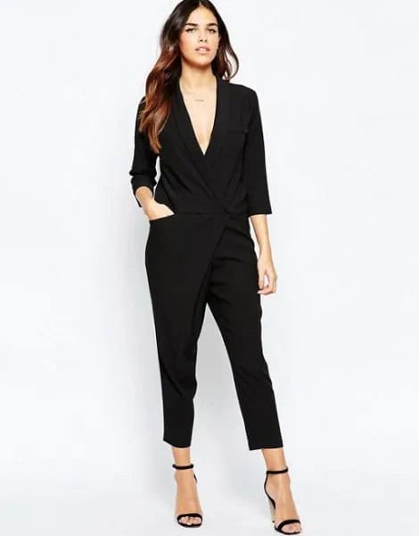 Deep V Neck Jumpsuit with Black Open Toe Heels