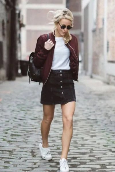 Burgundy Bomber Jacket with Black Denim Mini Skirt