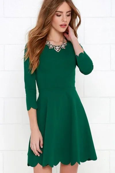 Green Scalloped Hem Three Quarter Sleeve Skater Cocktail Dress