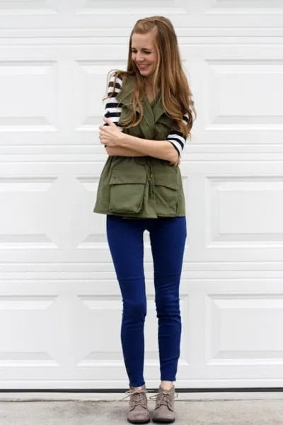 Black and White Striped T Shirt with Olive Green Vest & Blue Skinny Jeans