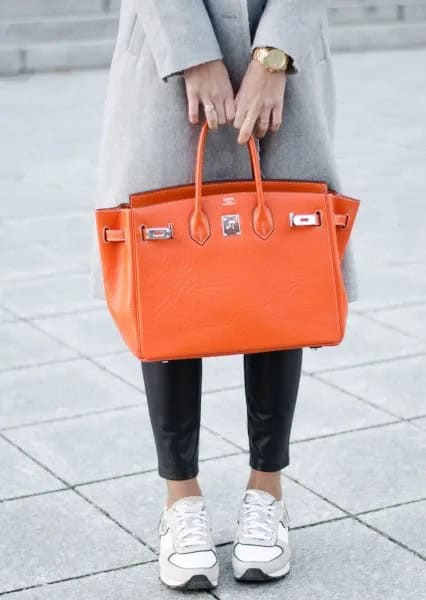 Grey Wool Coat with Black Leggings & Orange Leather Handbag