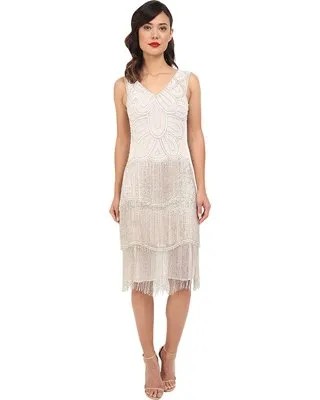 White Sleeveless V Neck Rose Gold Sequin Midi Flapper Dress