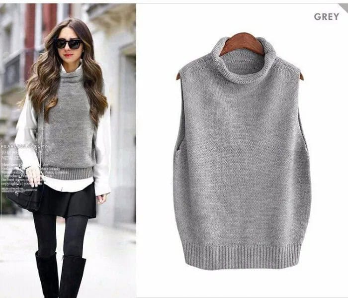 Turtleneck Grey Sweater Vest with White Shirt & Black Skirt