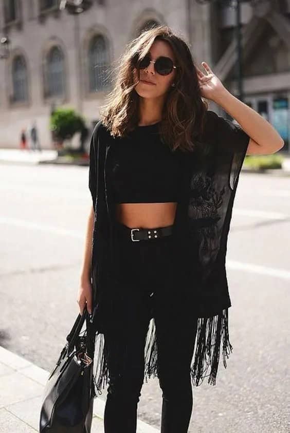 All Black Everything with Crop Top + Black Lace Kimono