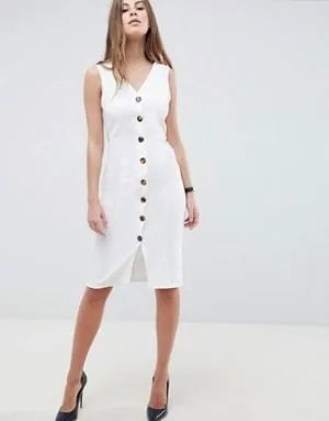 White Button Front Knee Length V Neck Sheath Dress