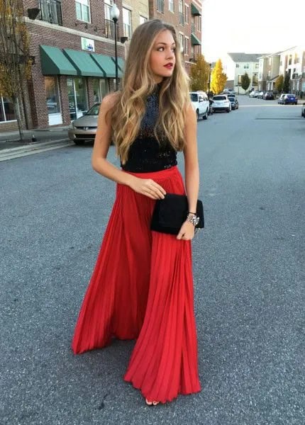 Maxi Red Skirt with Black Velvet Sleeveless Top