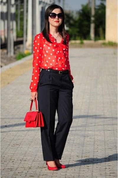 Red and White Polka Dot Shirt with Black Wide Leg Chinos