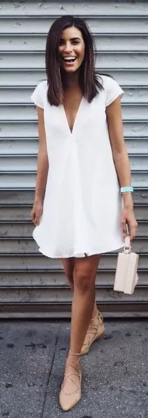 White Cap Sleeve Deep V Neck Swing Dress