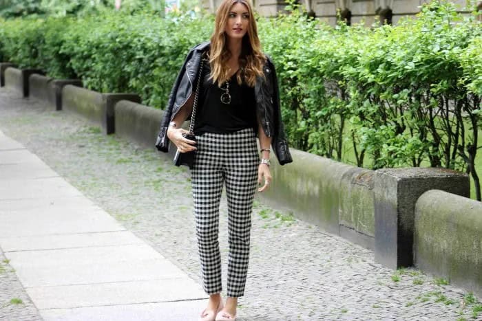 Checkered Cropped Pants with Black Leather Jacket