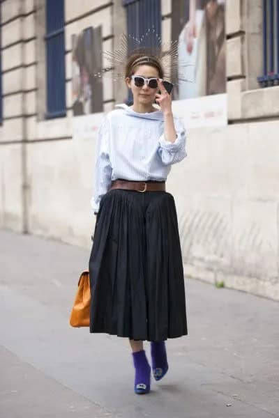 Light Blue Cowl Neck Blouse with Black Maxi Pleated Skirt