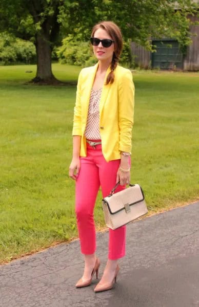 Yellow Blazer with Hot Pink Ankle Jeans