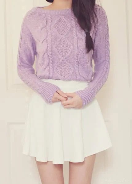 Boat Neck Cable Knit Sweater with White Mini Pleated Skirt