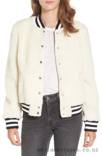 White Shearling Bomber Jacket with White Tee & Grey Jeans