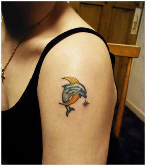 Moon Dolphin Tattoo on Shoulder