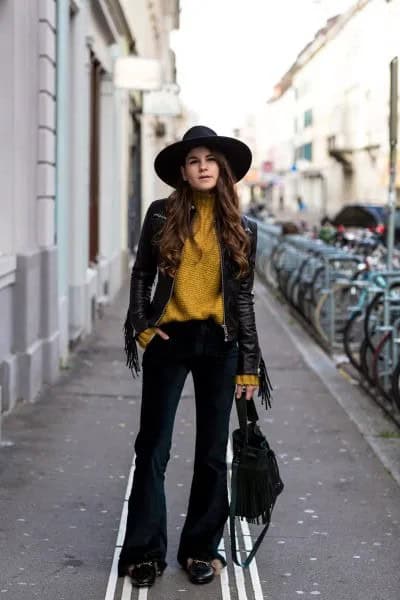 Lime Green Turtleneck Sweater with Black Leather Jacket & Flared Velvet Jeans