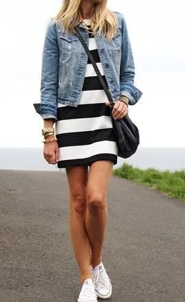 Wide Striped Dress with Denim Jacket