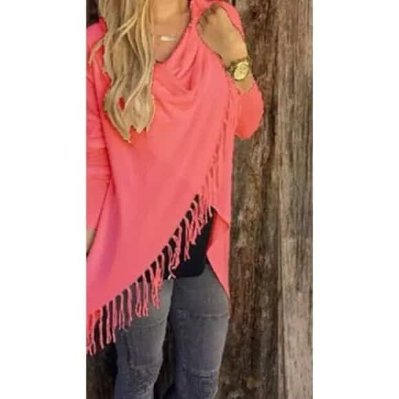 Neon Pink Fringe Wrap with Grey Skinny Jeans