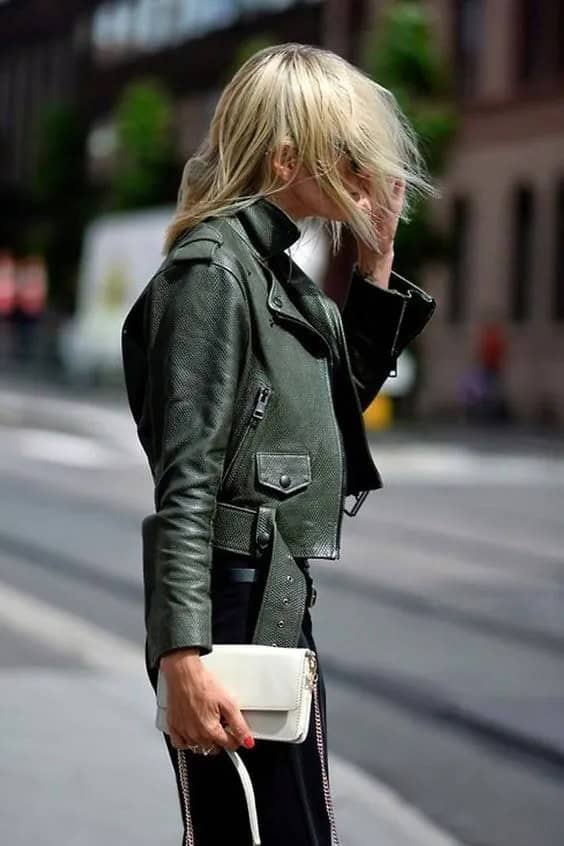 Olive Green Leather Jacket (Cropped)