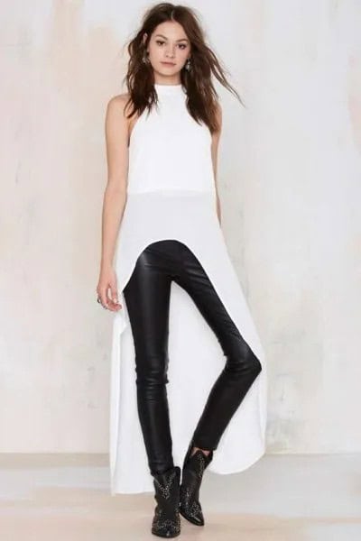 White Maxi High Low Mock Neck Top with Leather Pants