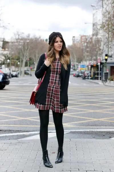 Tartan Mini Dress with Black Cardigan