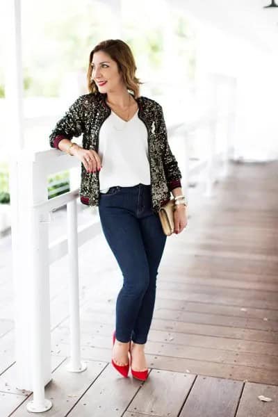 Gold and Black Sequin Bomber Jacket with White V Neck Top & Jeans