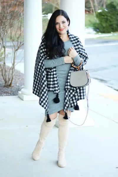 Black and White Plaid Shawl with Grey Bodycon Mini Dress