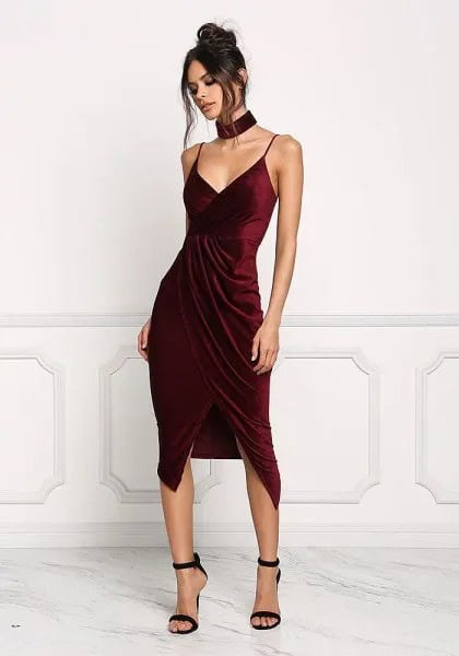 Burgundy Velvet High Low Wrap Cocktail Dress