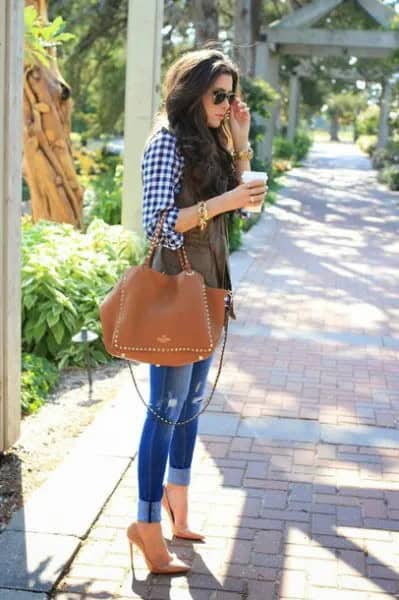 Black and White Checkered Shirt with Green Vest & Gold Heels