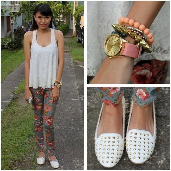 Tank Top with Floral Printed Skinny Pants & White Spiked Loafers