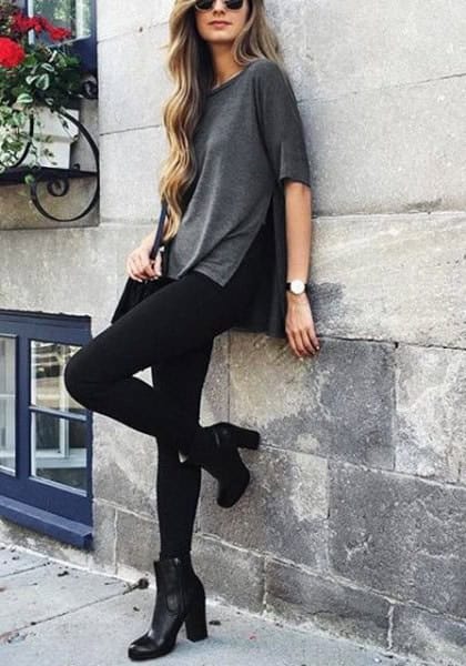 Grey Side Slit Shirt with Black Skinny Jeans & Ankle Boots