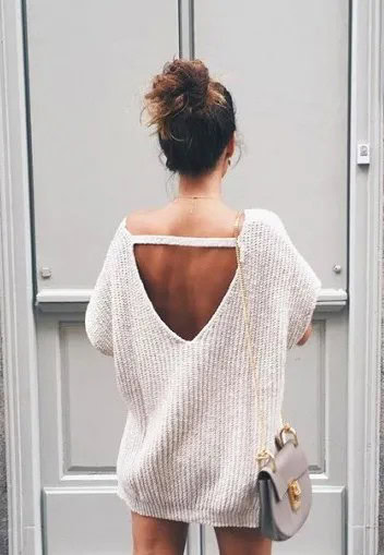 White Chunky Oversized Open Back Sweater with Mini Shorts