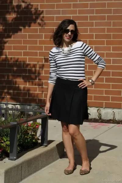 Black and White Striped Sweater with Mini Skirt