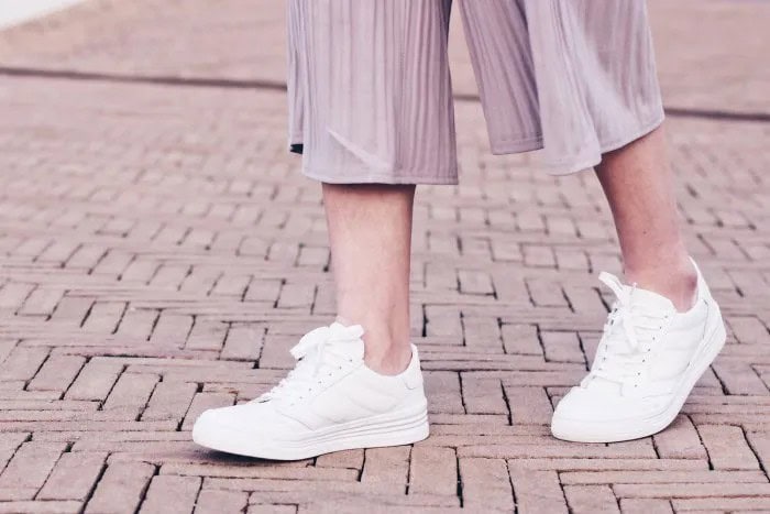 Grey Striped Chiffon Cropped Wide Leg Pants with White Sneakers