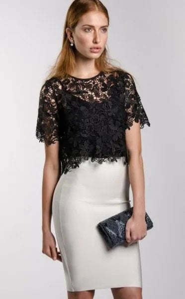 Black Short Sleeve Lace Dressy Blouse with White High Rise Mini Skirt