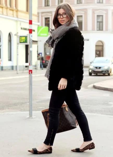 Checkered Scarf with Down Jacket & Leopard Print Pointed Flats