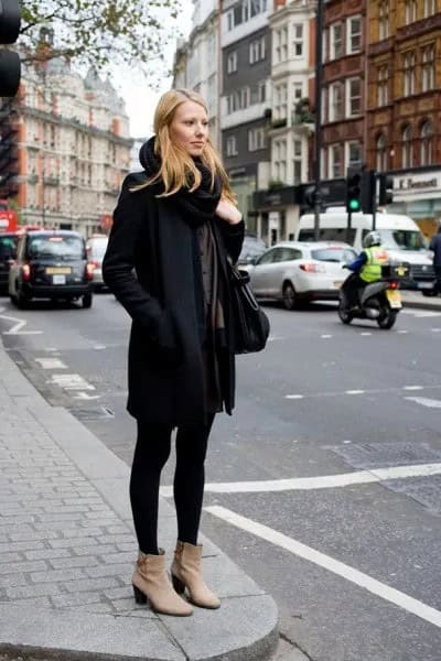 Suede Ankle Boots with Long Black Wool Coat & Leggings