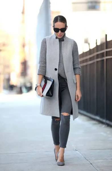 Light Grey Long Vest with Chunky Knit Sweater