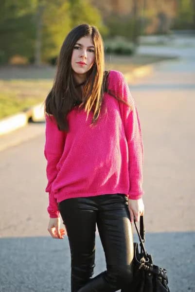 Chunky Pink Sweater with Black Leather Pants