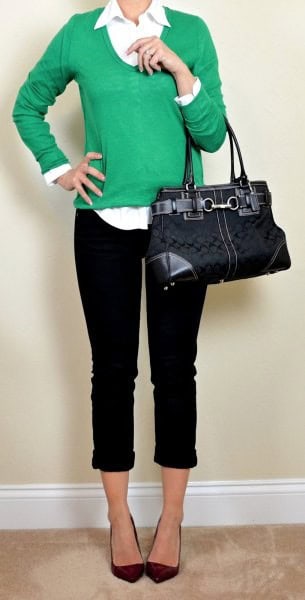 Green Scoop Neck Sweater with White Button Up Shirt