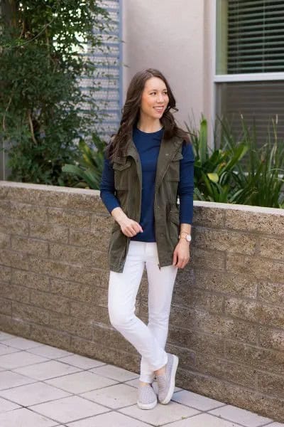 Green Utility Vest with Navy Blue Long Sleeve Top & White Jeans