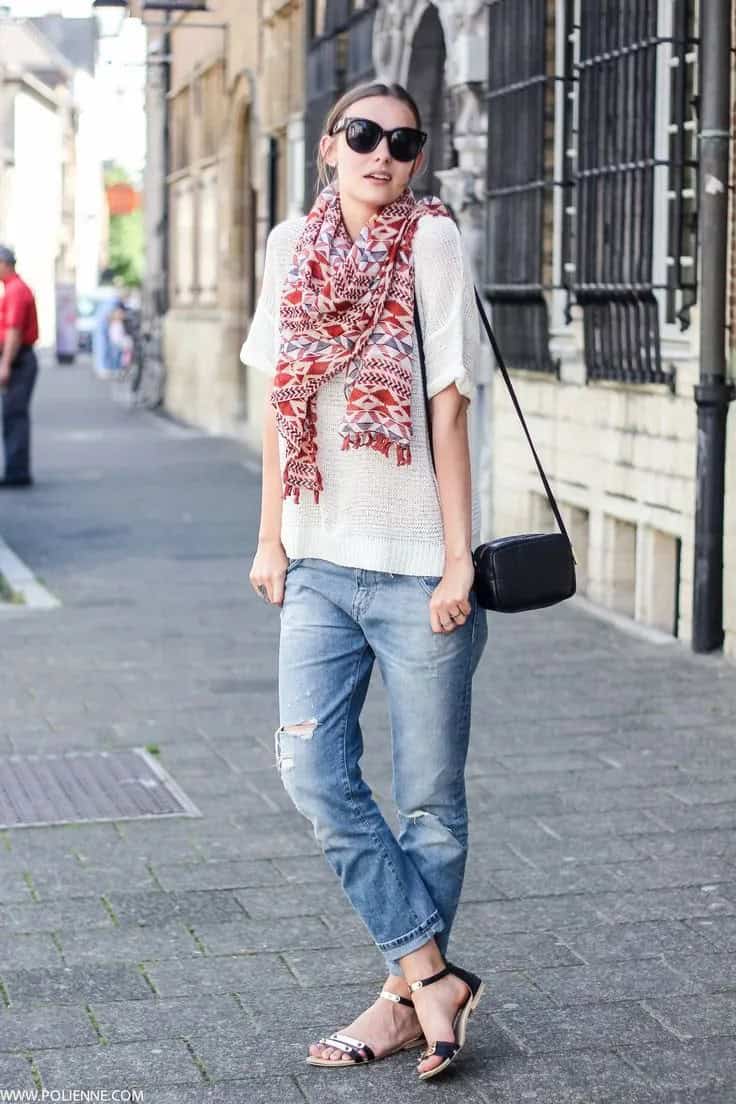 Wear Boyfriend Jeans with a Colorful Scarf