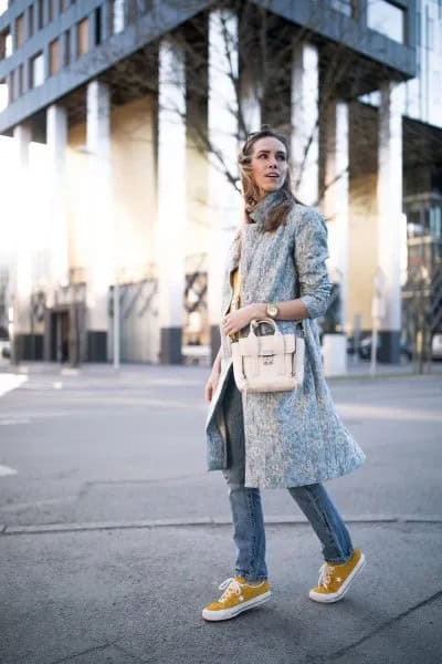 Light Grey Longline Wool Coat with Skinny Jeans