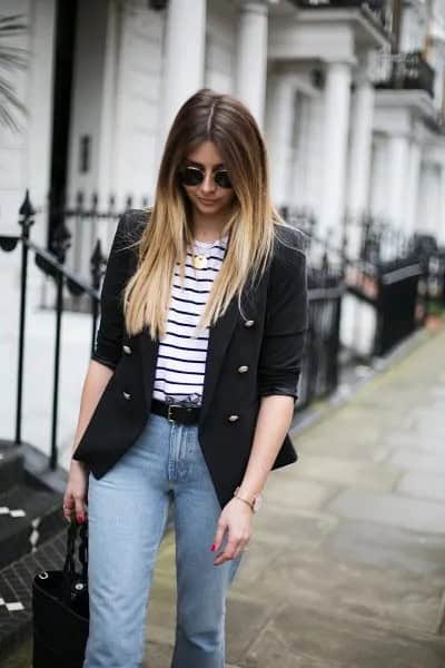 Half Sleeve Blazer with Black and White Striped T Shirt