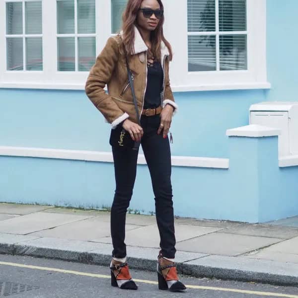 Brown Shearling Jacket with Black Lace Up Top