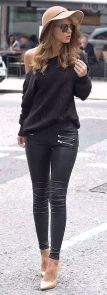 Black Off The Shoulder Sweater with Leather Biker Skinny Pants