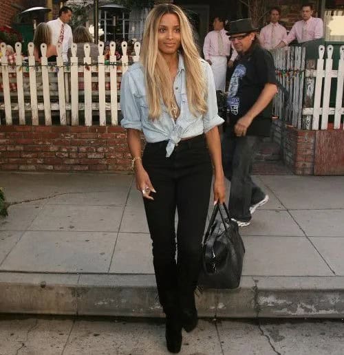 Light Blue Chambray Shirt with Black High Waisted Jeans