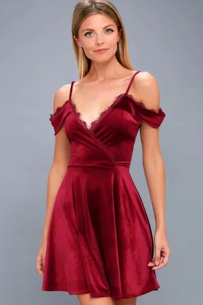 Cold Shoulder Deep V Neck Red Velvet Dress