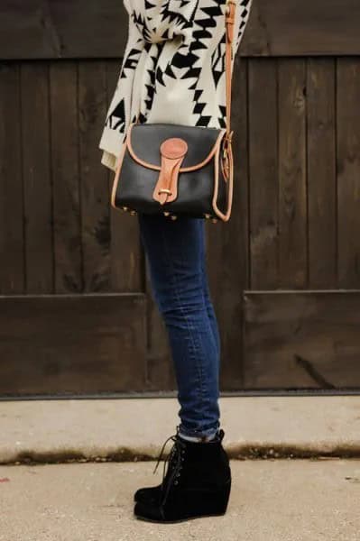 Pale Pink and Black Printed Chiffon Blouse with Skinny Jeans & Ankle Wedge Boots