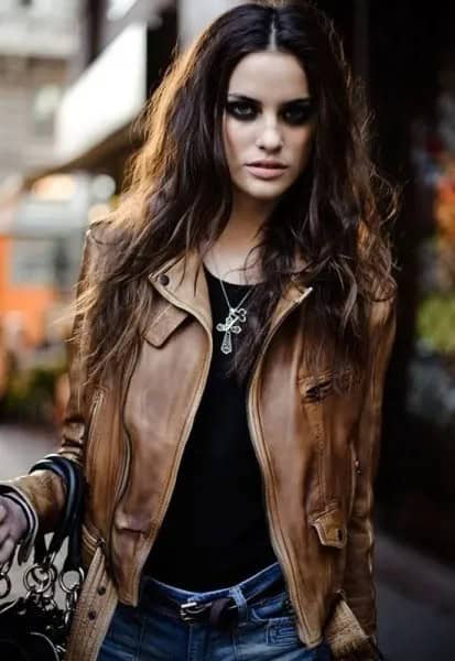 Brown Leather Motorcycle Jacket with Black Tee & Blue Jeans