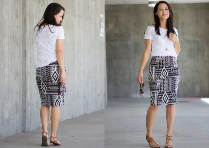 White Tee with Black and White Tribal Printed Knee Length Knit Skirt